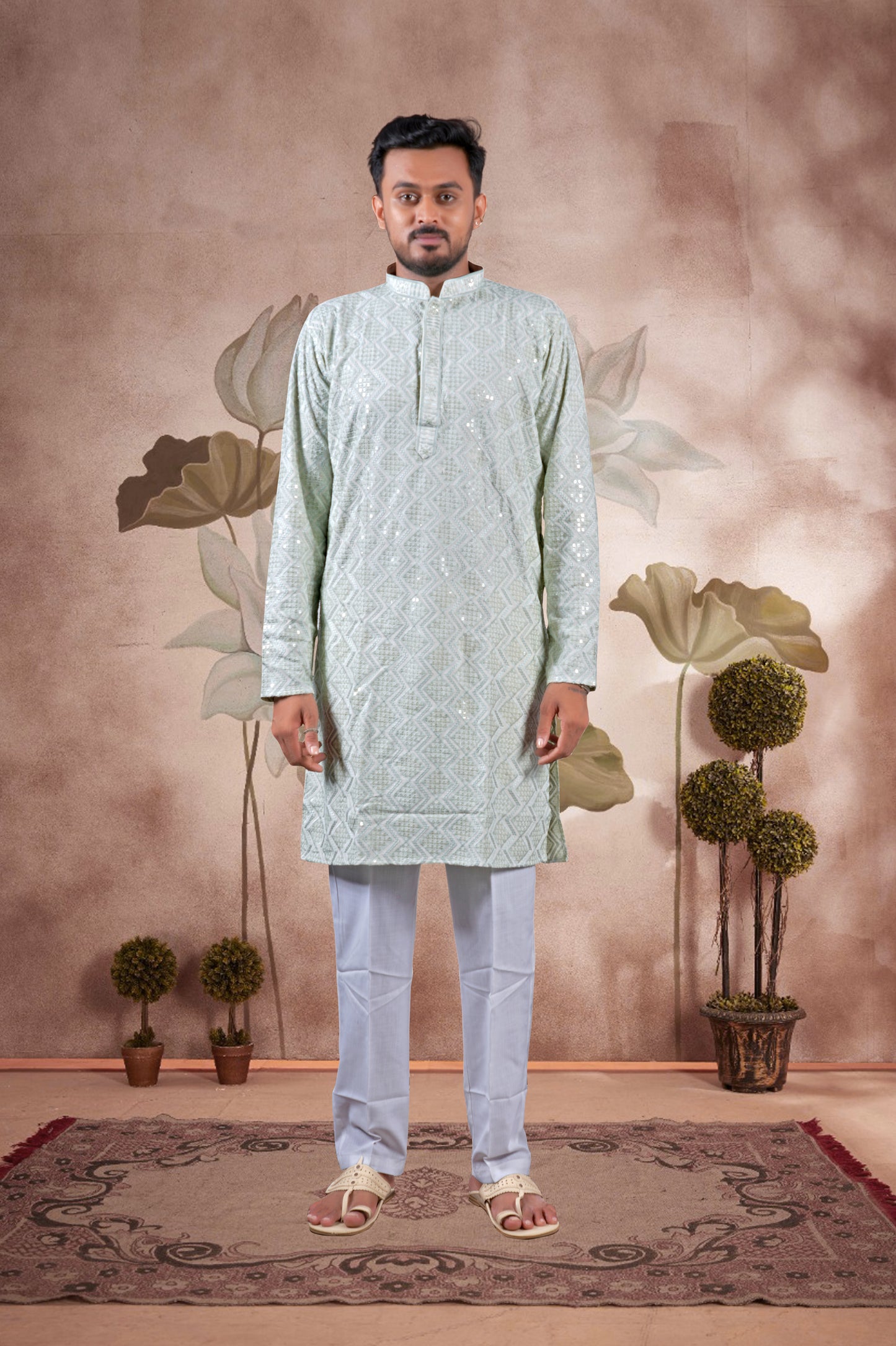 Pista Green Lucknowi Jacquard Kurta
