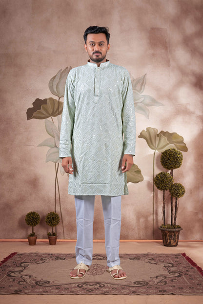 Pista Green Lucknowi Jacquard Kurta