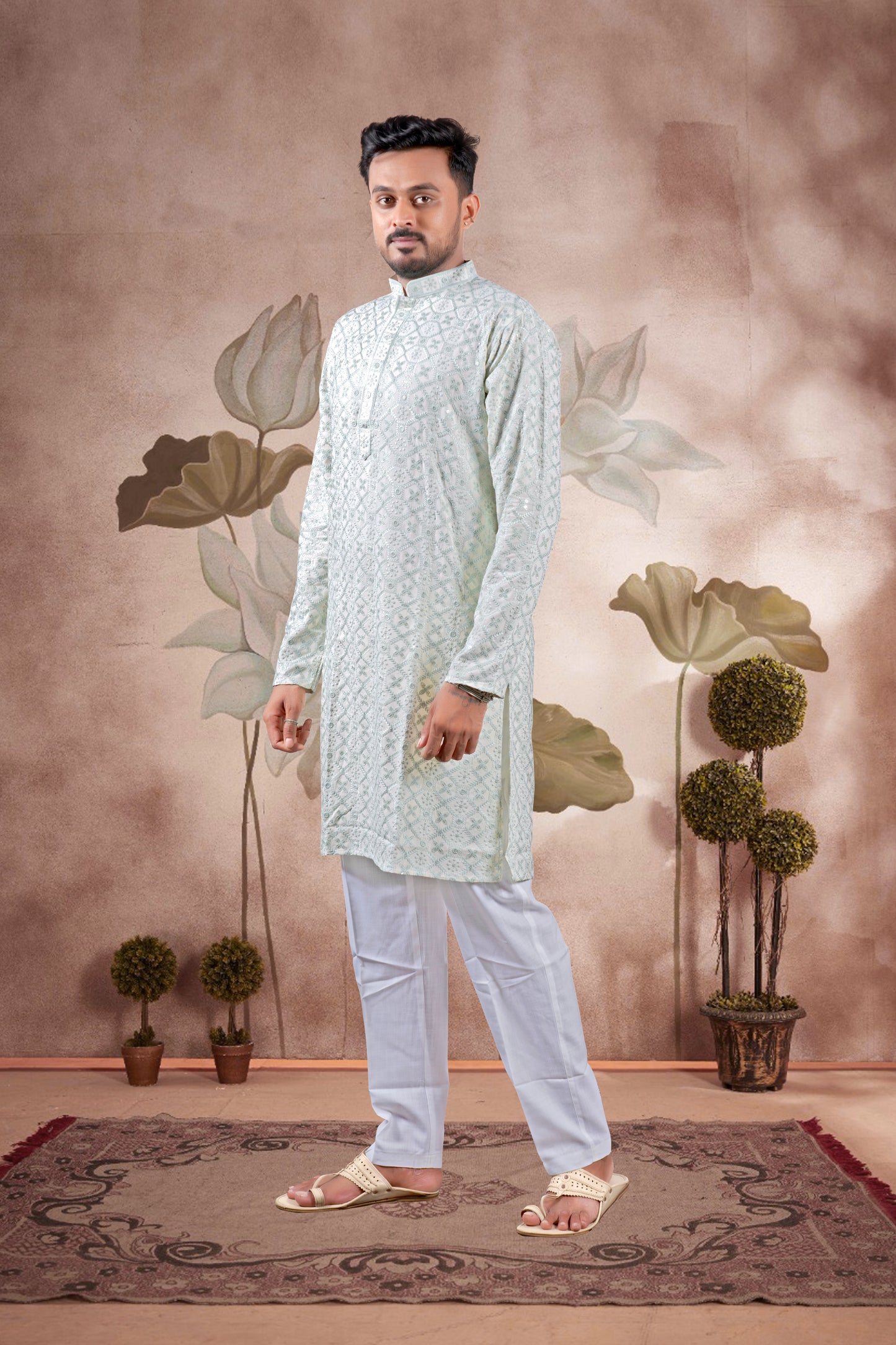 Pista Green Lucknowi Jacquard Kurta