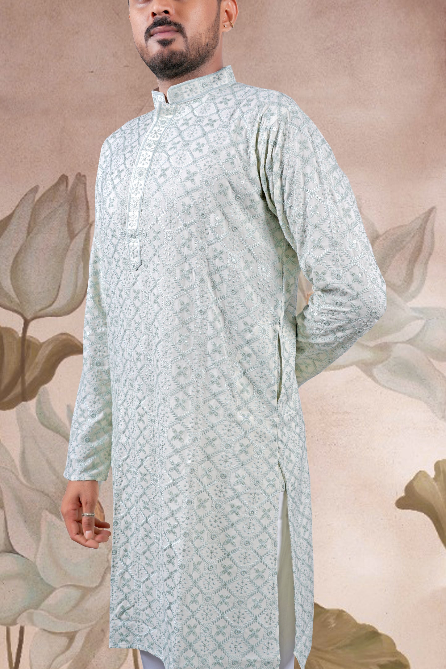 Pista Green Lucknowi Jacquard Kurta