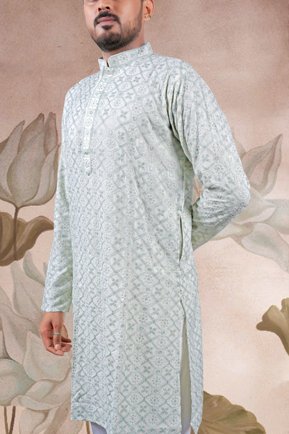 Pista Green Lucknowi Jacquard Kurta