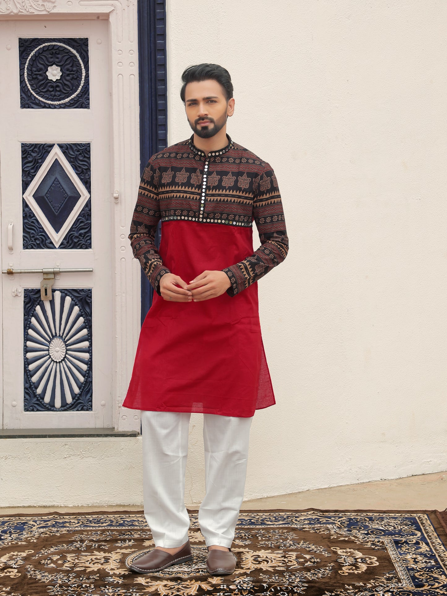 Red Ethnic Printed Kurta with Tribal-Inspired Yoke
