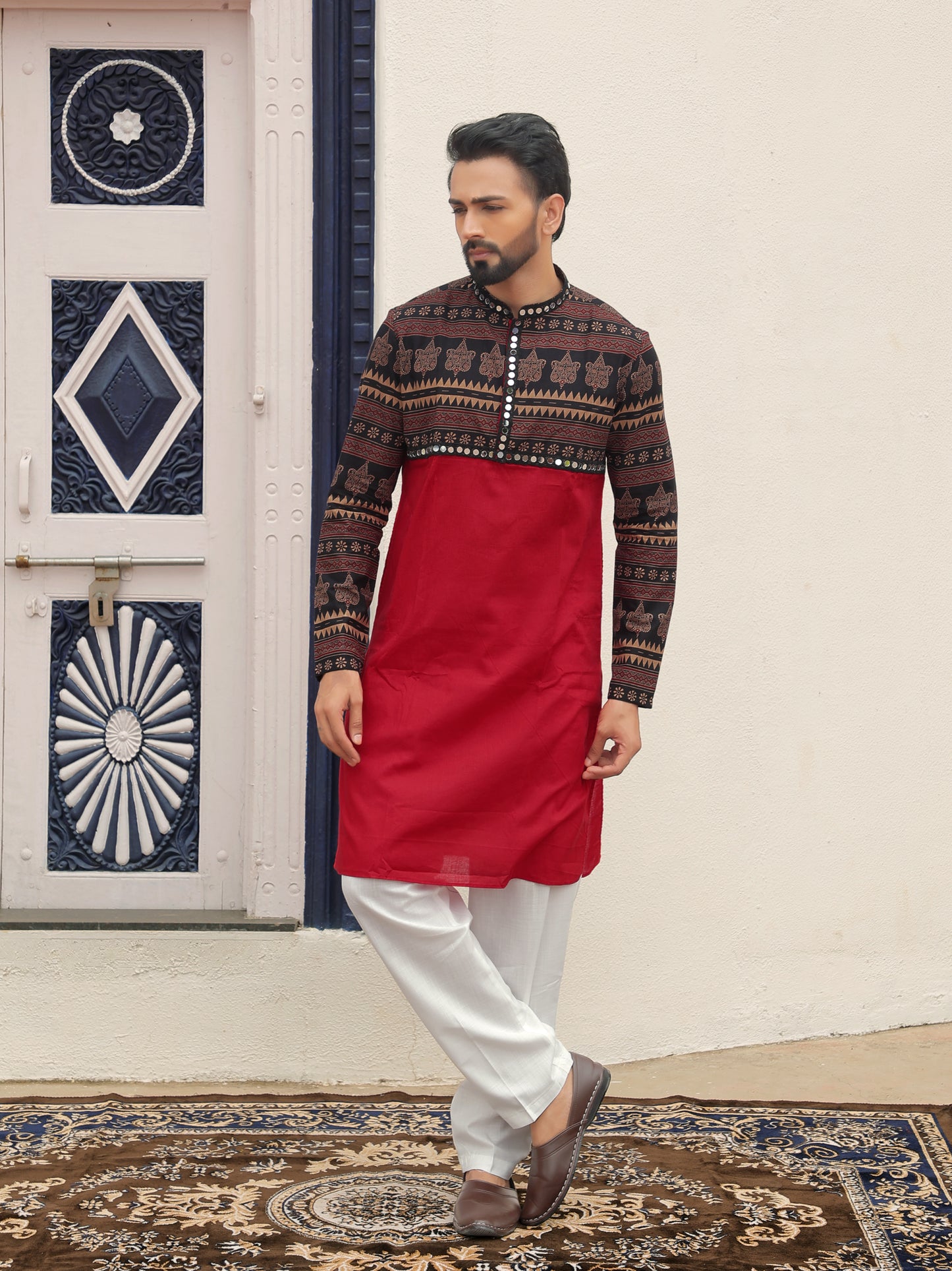 Red Ethnic Printed Kurta with Tribal-Inspired Yoke