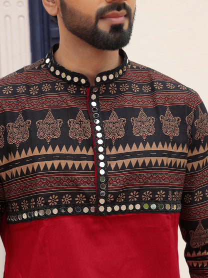 Red Ethnic Printed Kurta with Tribal-Inspired Yoke