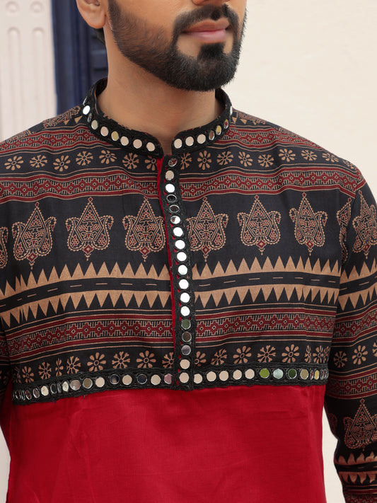 Red Ethnic Printed Kurta with Tribal-Inspired Yoke