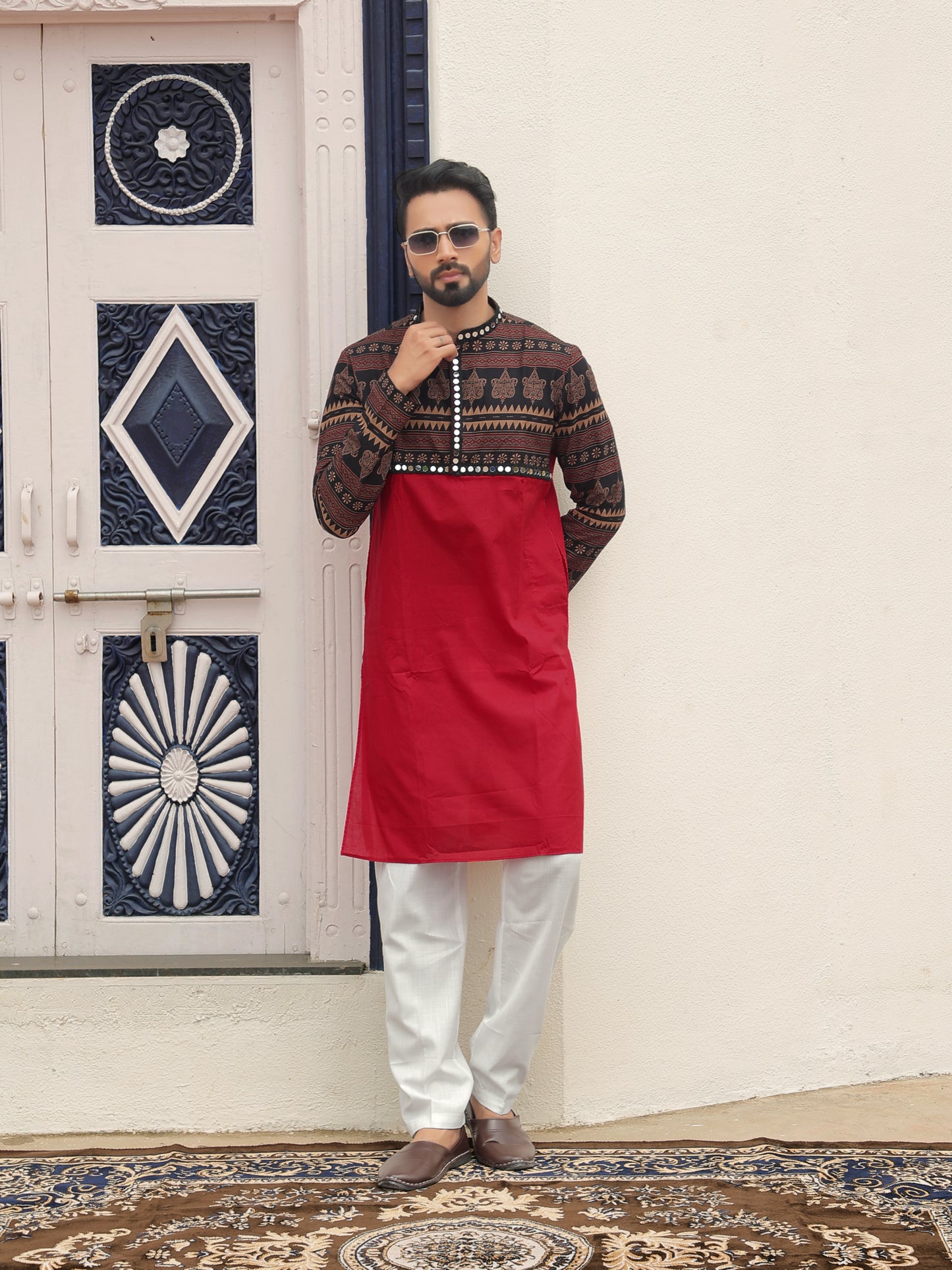 Red Ethnic Printed Kurta with Tribal-Inspired Yoke