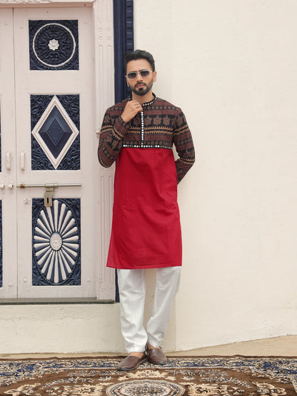 Red Ethnic Printed Kurta with Tribal-Inspired Yoke