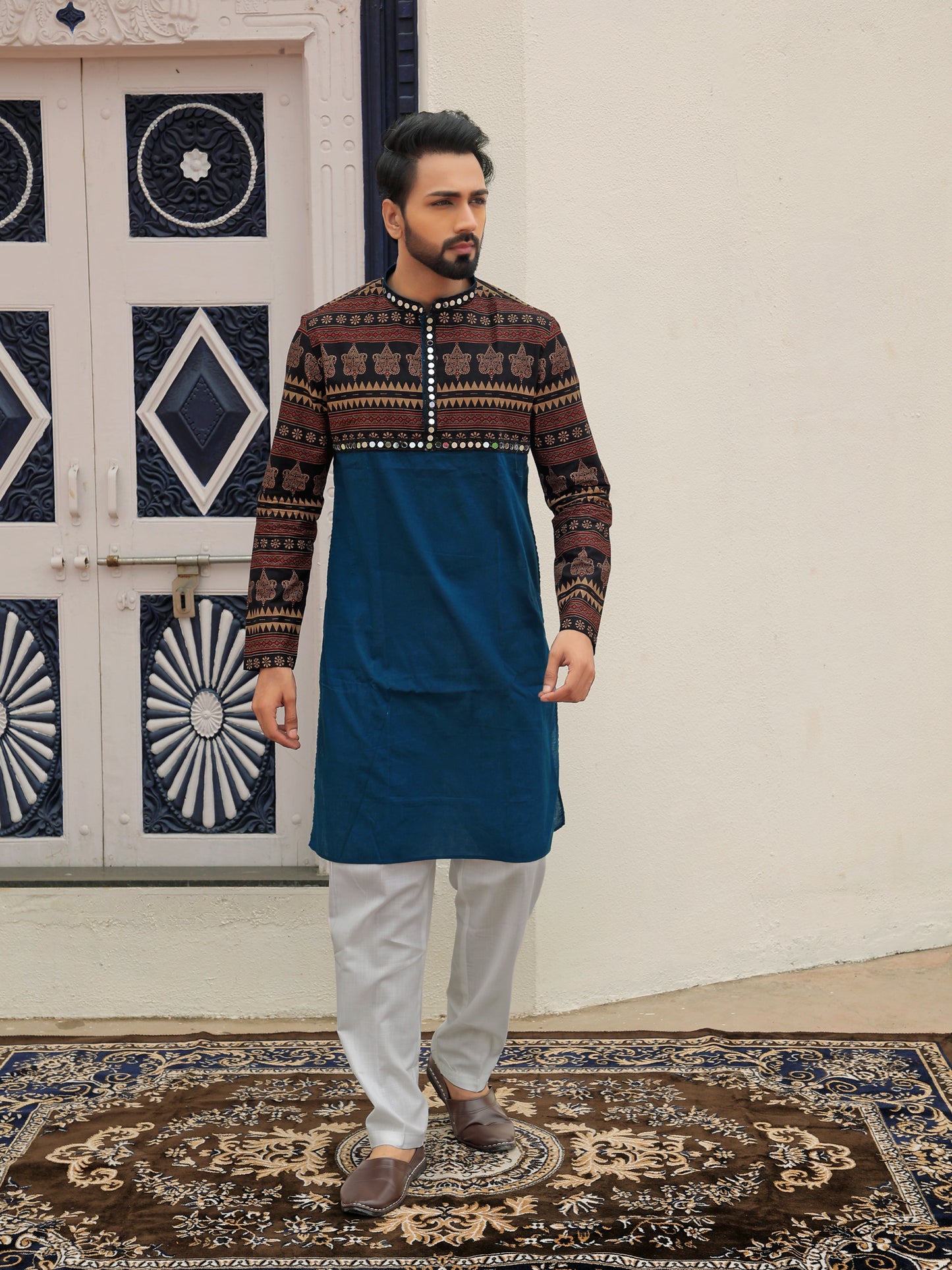 Blue Ethnic Printed Kurta with Tribal-Inspired Yoke