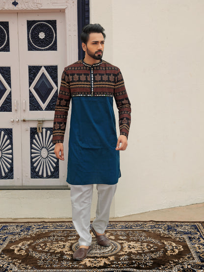 Blue Ethnic Printed Kurta with Tribal-Inspired Yoke