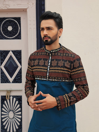 Blue Ethnic Printed Kurta with Tribal-Inspired Yoke