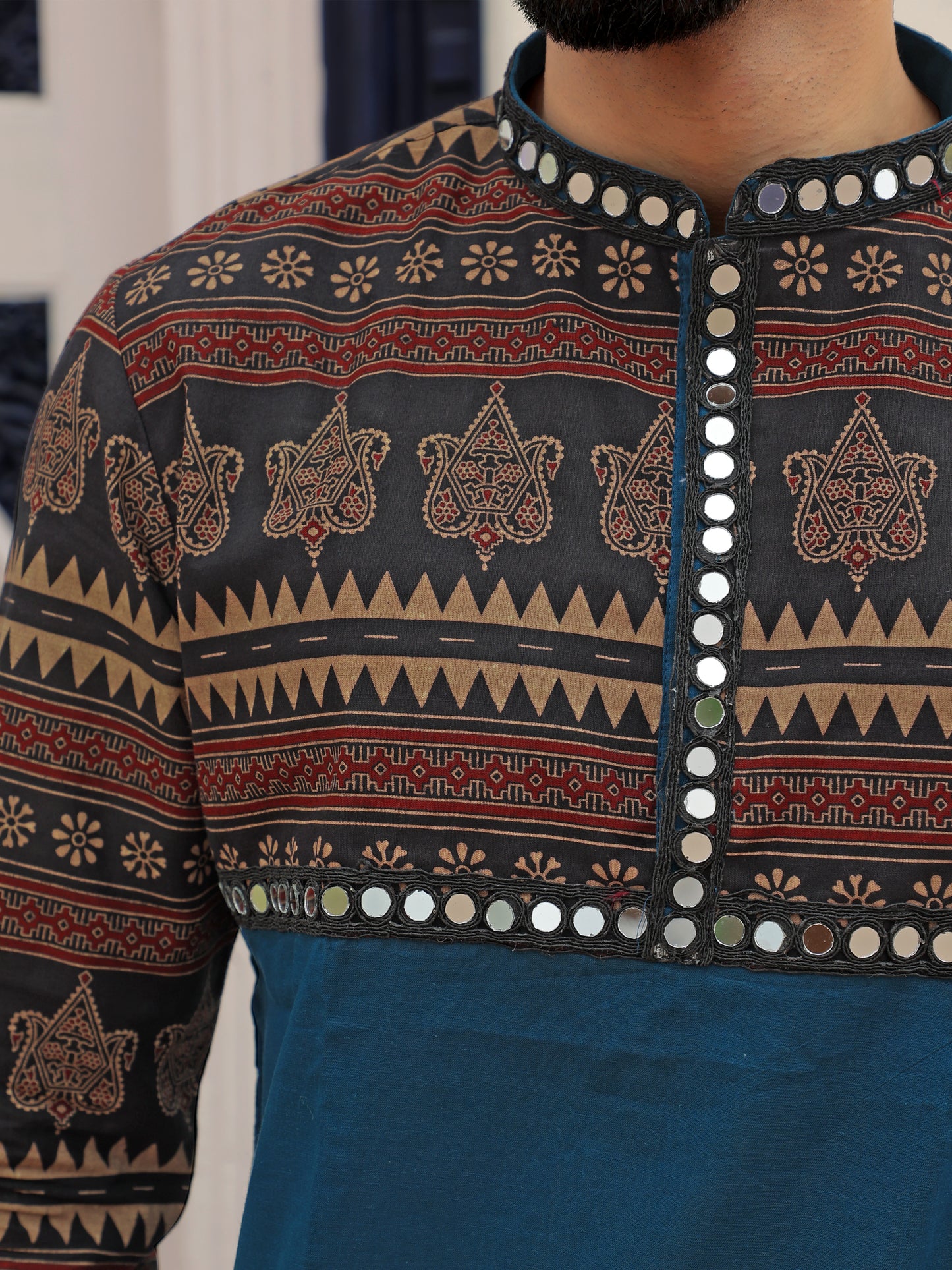 Blue Ethnic Printed Kurta with Tribal-Inspired Yoke