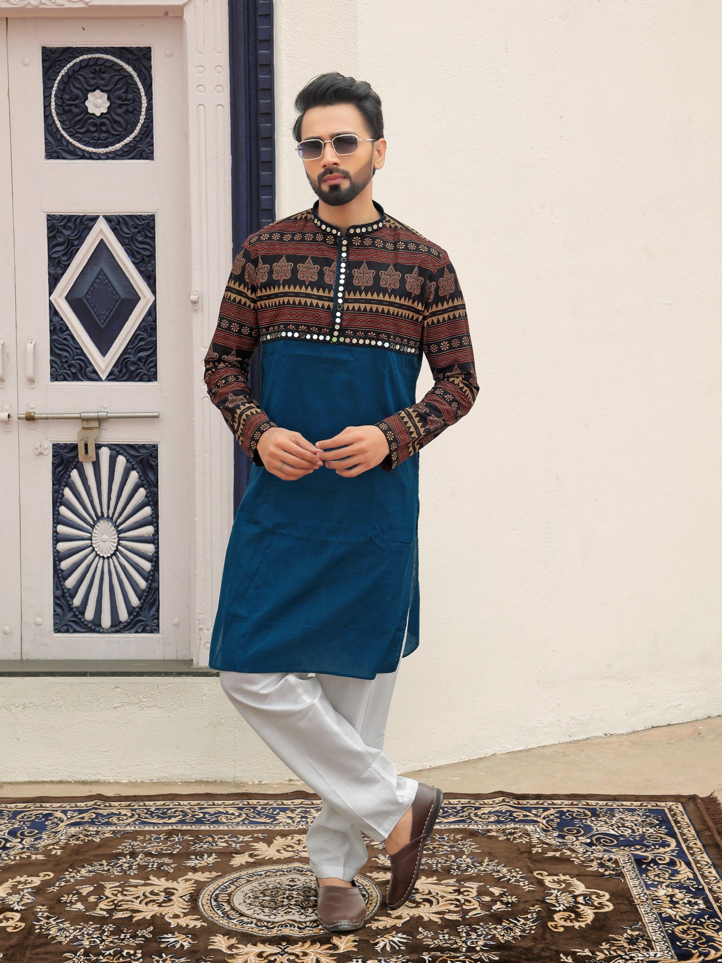 Blue Ethnic Printed Kurta with Tribal-Inspired Yoke