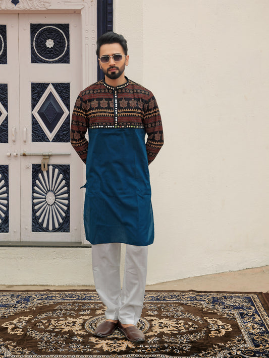 Blue Ethnic Printed Kurta with Tribal-Inspired Yoke