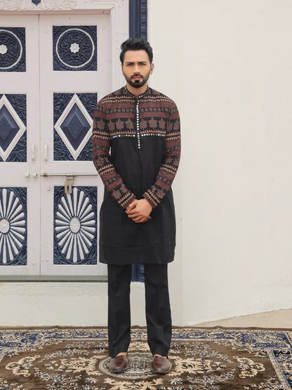 Black Ethnic Printed Kurta with Tribal-Inspired Yoke