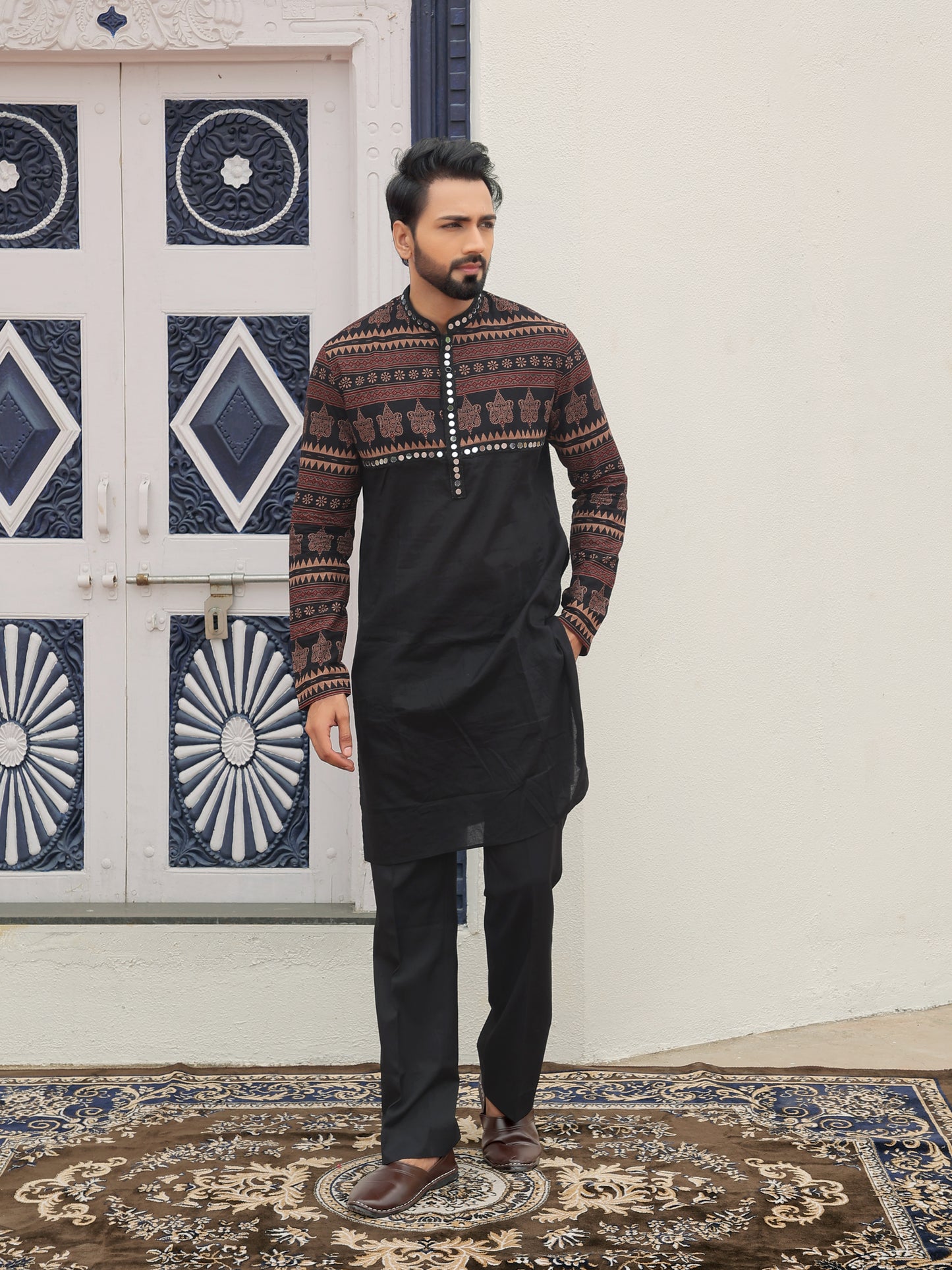 Black Ethnic Printed Kurta with Tribal-Inspired Yoke