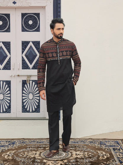 Black Ethnic Printed Kurta with Tribal-Inspired Yoke