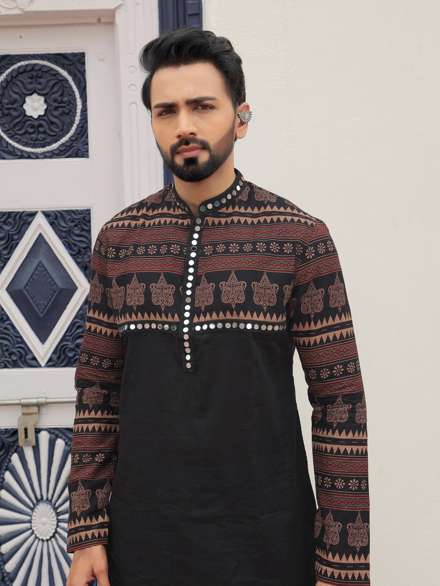 Black Ethnic Printed Kurta with Tribal-Inspired Yoke