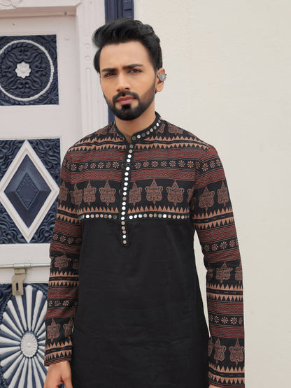 Black Ethnic Printed Kurta with Tribal-Inspired Yoke