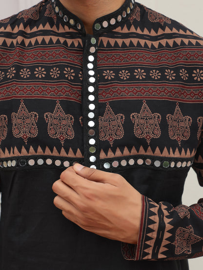 Black Ethnic Printed Kurta with Tribal-Inspired Yoke