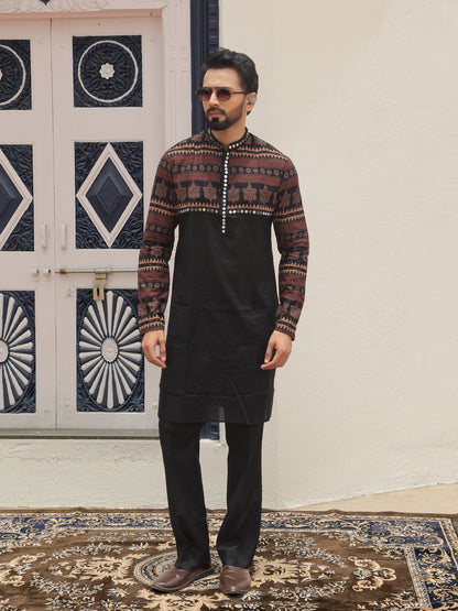 Black Ethnic Printed Kurta with Tribal-Inspired Yoke