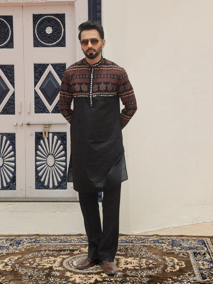 Black Ethnic Printed Kurta with Tribal-Inspired Yoke