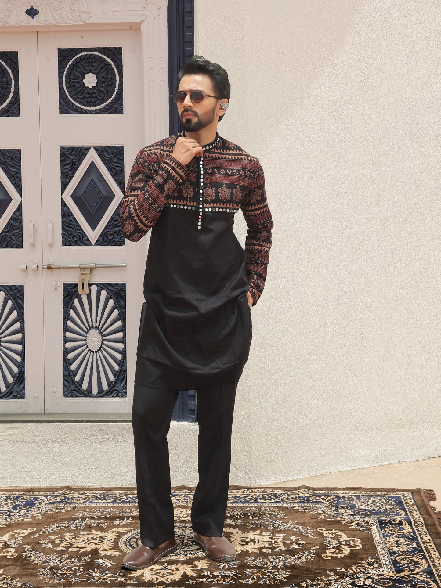 Black Ethnic Printed Kurta with Tribal-Inspired Yoke