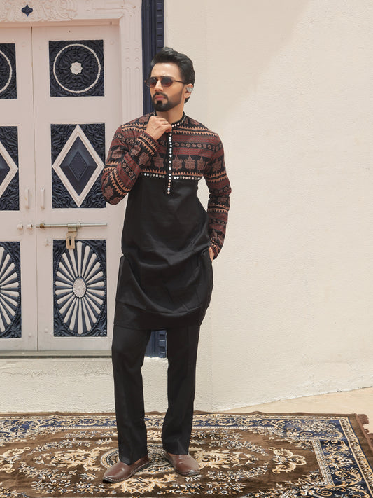 Black Ethnic Printed Kurta with Tribal-Inspired Yoke