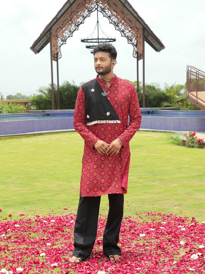 Red Ethnic Printed Kurta with Asymmetric Coti-Style Panel
