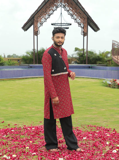 Red Ethnic Printed Kurta with Asymmetric Coti-Style Panel