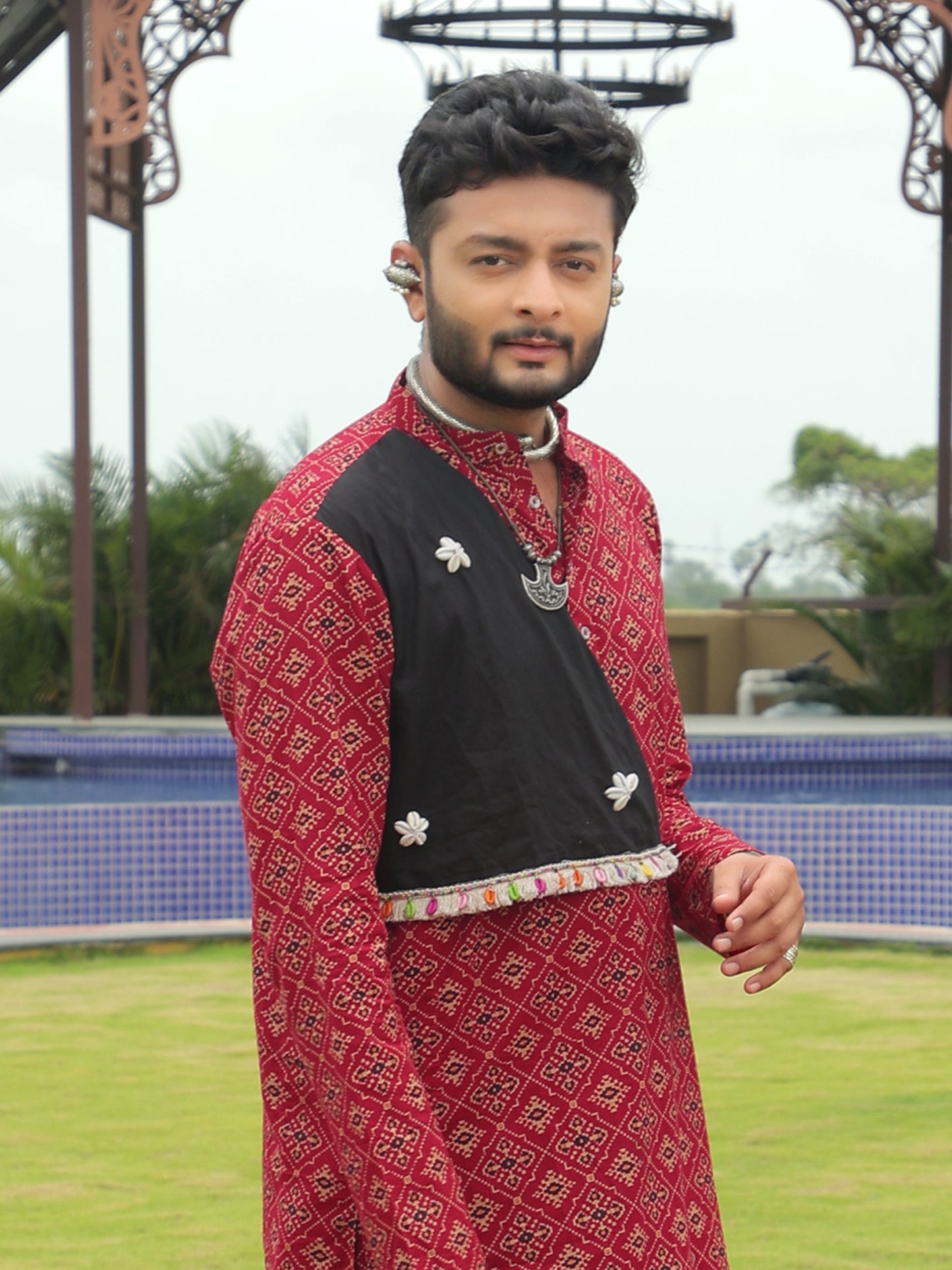 Red Ethnic Printed Kurta with Asymmetric Coti-Style Panel