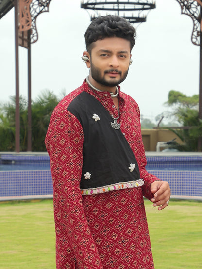 Red Ethnic Printed Kurta with Asymmetric Coti-Style Panel
