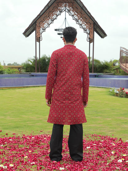 Red Ethnic Printed Kurta with Asymmetric Coti-Style Panel