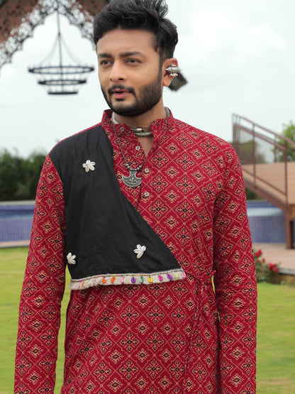 Red Ethnic Printed Kurta with Asymmetric Coti-Style Panel