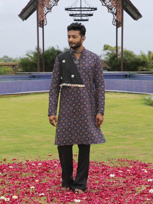 Navy Ethnic Printed Kurta with Asymmetric Coti-Style Panel