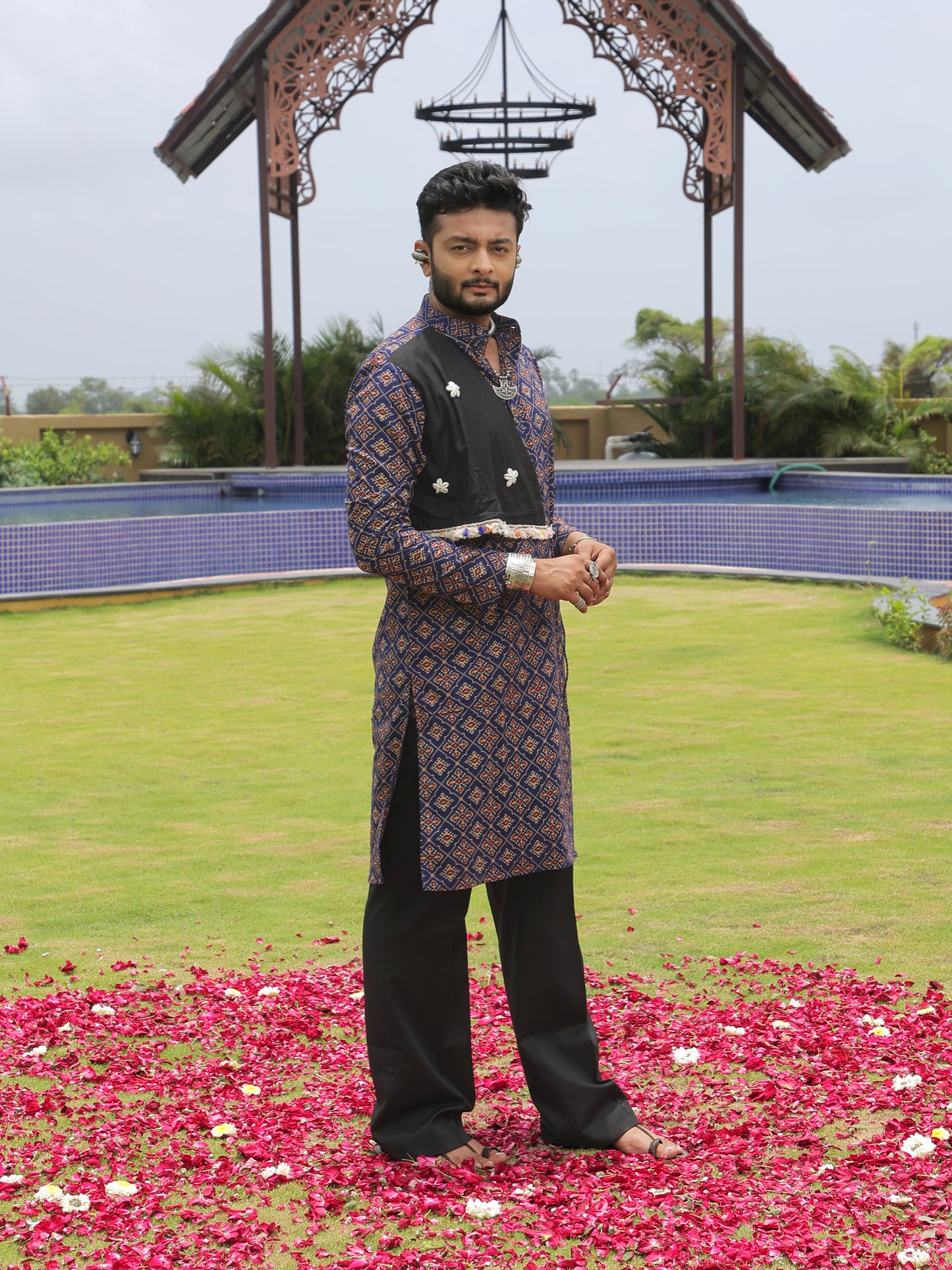 Navy Ethnic Printed Kurta with Asymmetric Coti-Style Panel