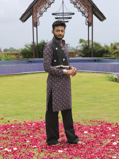 Navy Ethnic Printed Kurta with Asymmetric Coti-Style Panel