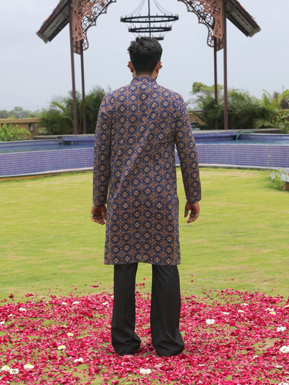 Navy Ethnic Printed Kurta with Asymmetric Coti-Style Panel
