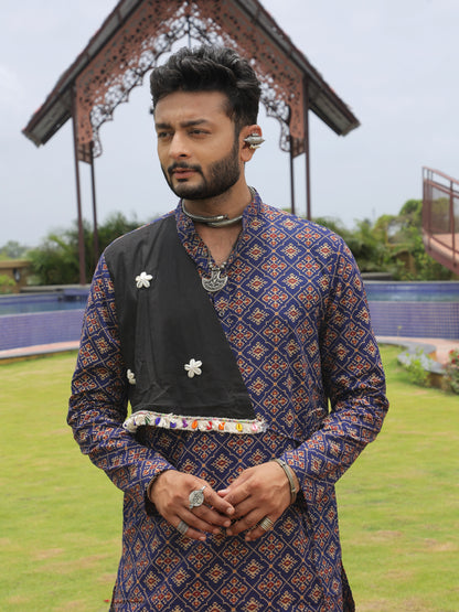Navy Ethnic Printed Kurta with Asymmetric Coti-Style Panel