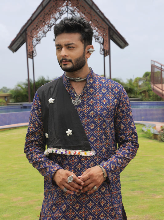Navy Ethnic Printed Kurta with Asymmetric Coti-Style Panel