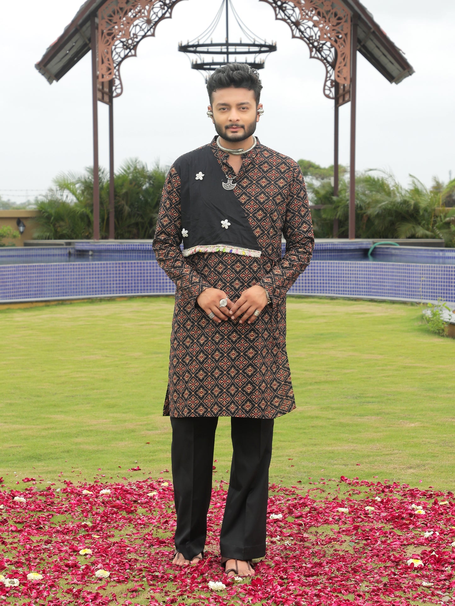 Black Ethnic Printed Kurta with Asymmetric Coti-Style Panel