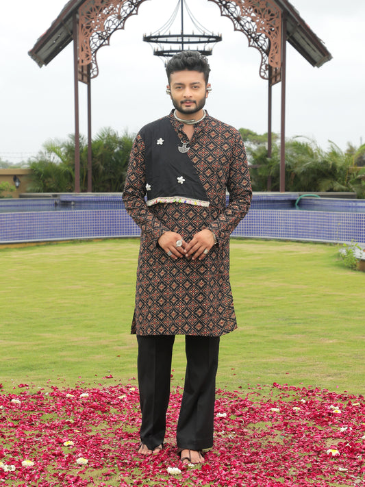 Black Ethnic Printed Kurta with Asymmetric Coti-Style Panel