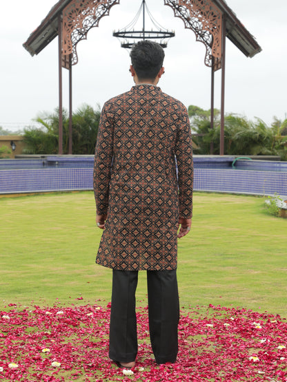 Black Ethnic Printed Kurta with Asymmetric Coti-Style Panel