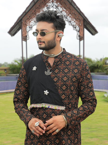 Black Ethnic Printed Kurta with Asymmetric Coti-Style Panel
