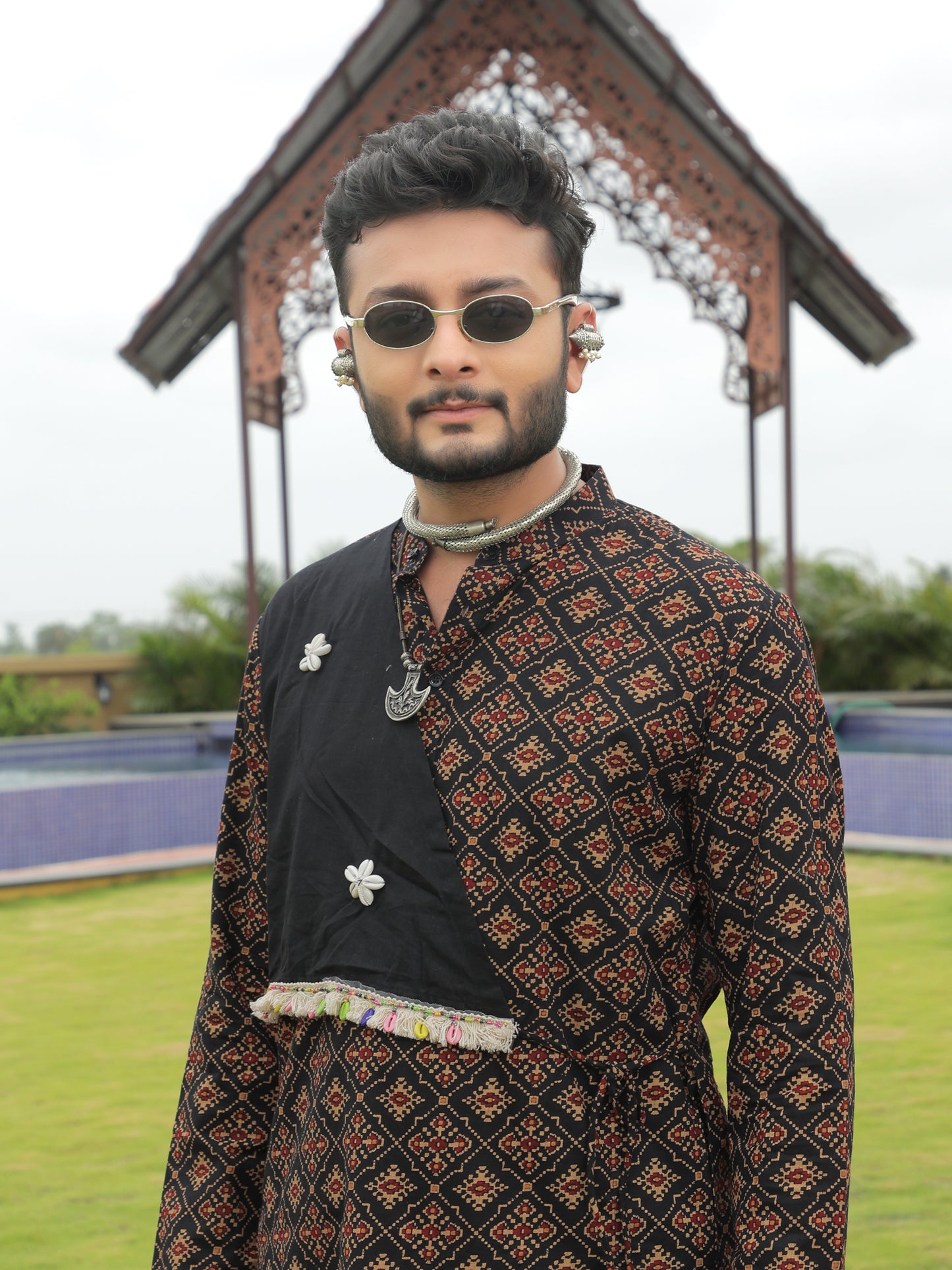 Black Ethnic Printed Kurta with Asymmetric Coti-Style Panel