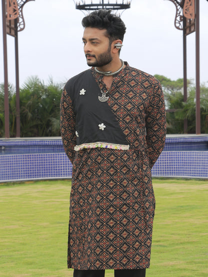 Black Ethnic Printed Kurta with Asymmetric Coti-Style Panel