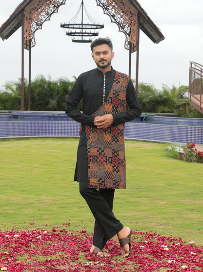 Black Kurta with Multicolor Printed Side Panel