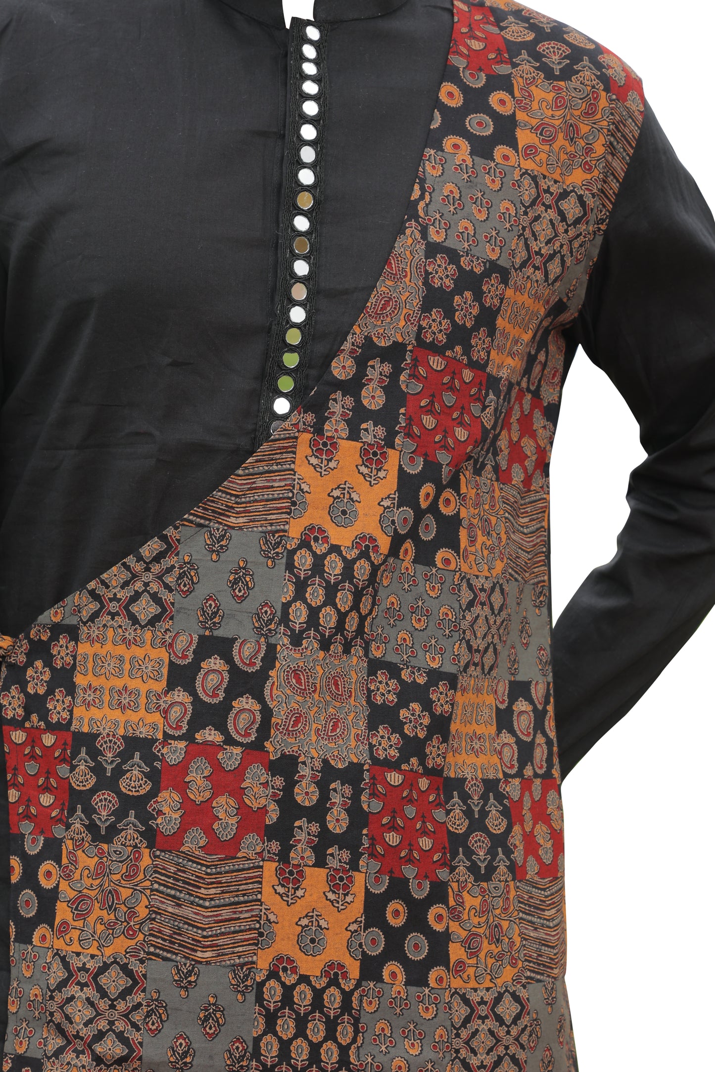 Black Kurta with Multicolor Printed Side Panel