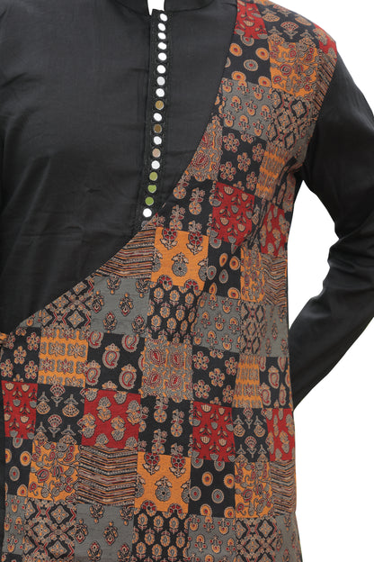 Black Kurta with Multicolor Printed Side Panel
