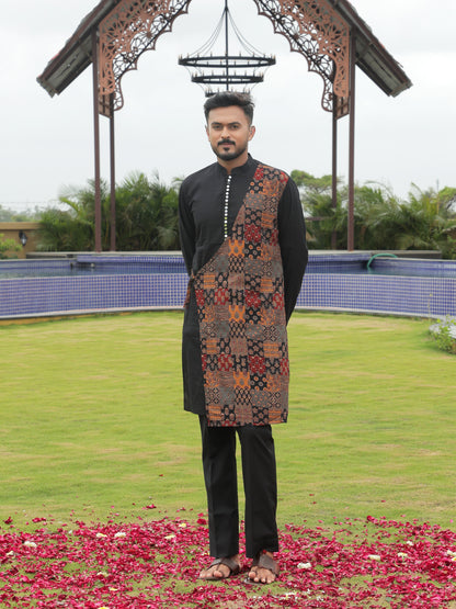 Black Kurta with Multicolor Printed Side Panel