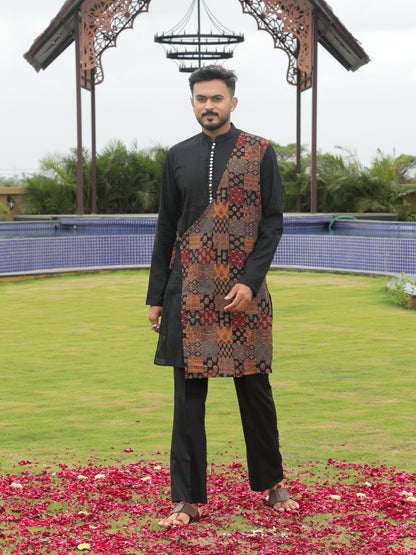 Black Kurta with Multicolor Printed Side Panel